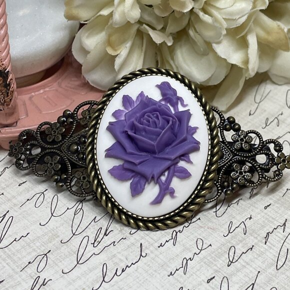 Purple White Rose Cameo Flower Anniversary Wedding Pin Hair Clip Jewelry Comb - Picture 5 of 11